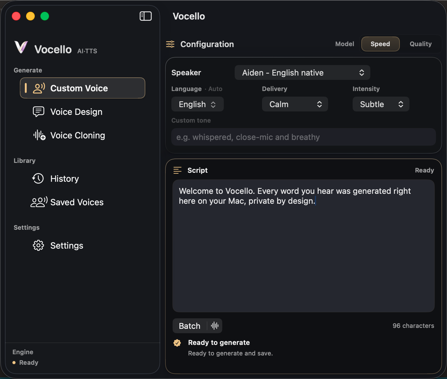 Vocello Built-in Voice screen showing speaker, delivery, model, and script controls