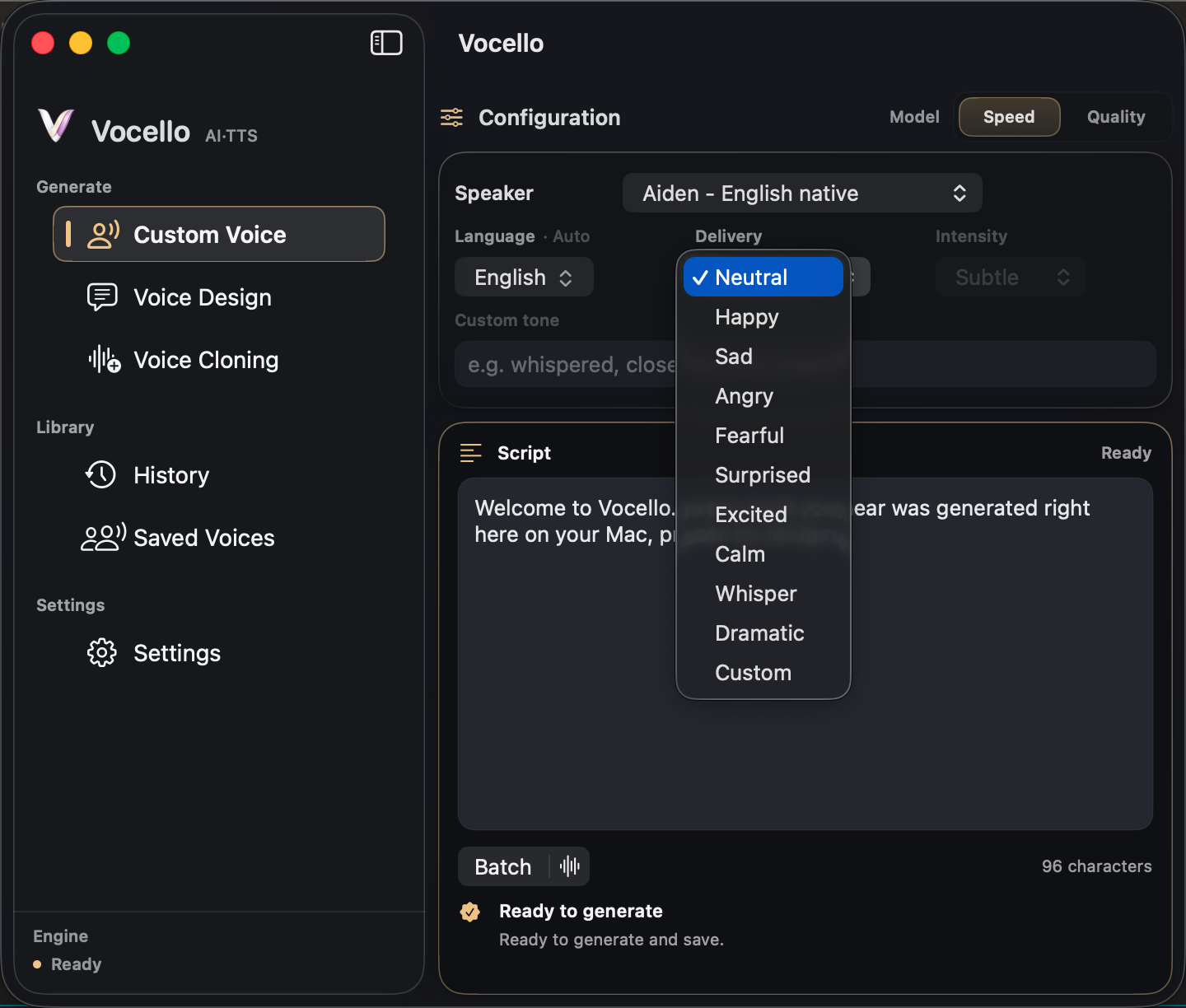 The Vocello delivery menu open, listing all ten presets from Neutral to Excited