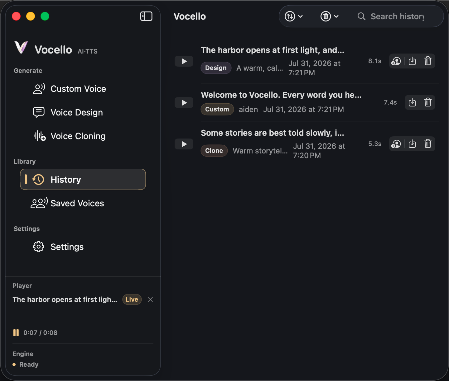 Vocello Generation History listing past takes across Built-in Voice, Voice Design, and Voice Cloning