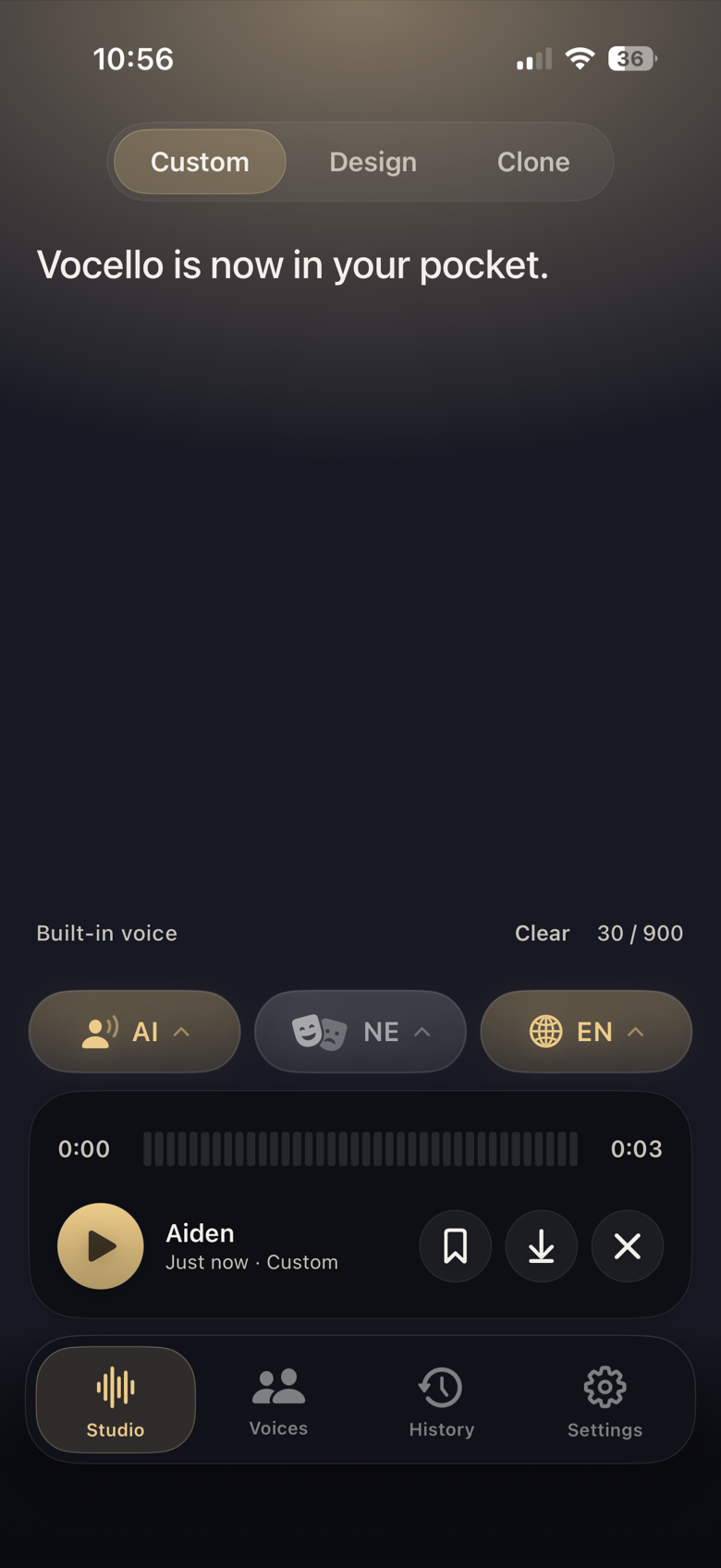Vocello Studio running on an iPhone, with a script ready to generate with a built-in voice
