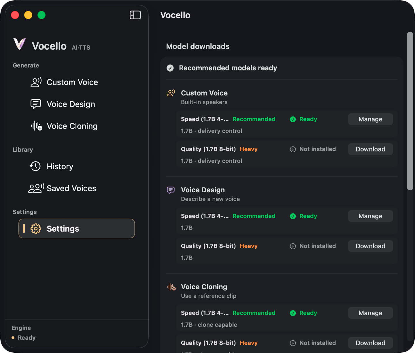 Vocello Model Downloads screen showing Speed and Quality models ready